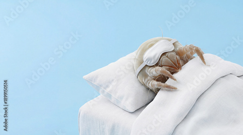 Photorealistic extreme macro funny dust mite sleeping with small white sleeping mask. Dust mite sleeping peacefully in bed with white pillow and duvet, mimicking real bed linen.