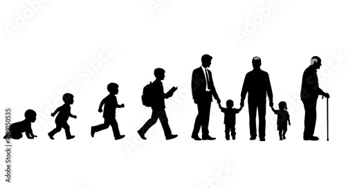 Human life cycle stages from baby to elderly man silhouette.