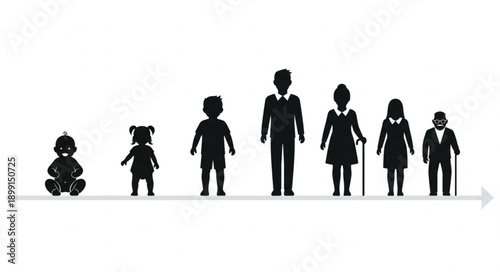 Human life cycle stages depicted as silhouettes on a timeline.