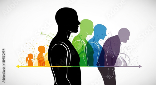 Human life cycle stages depicted in colorful silhouettes.
