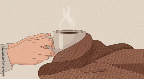 Hand holding steaming hot coffee cup wrapped in brown blanket on beige background