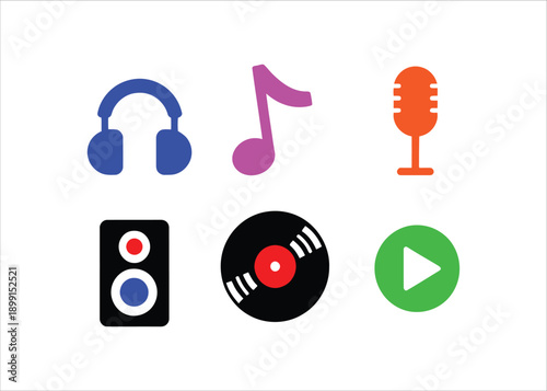 Collection of music-related icons headphones, musical note, microphone, speaker, vinyl record, and play button, all on a white background