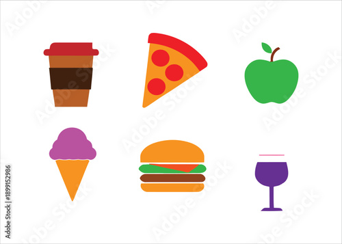 A collection of colorful flat design vector icons representing popular food and drink items, perfect for menus, apps, and digital interfaces