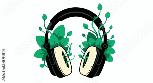A pair of headphones surrounded by lush green leaves and vines, symbolizing harmony between technology and nature, viewed from the front.