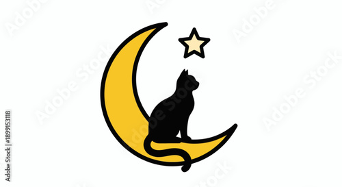 A black cat sits serenely on a yellow crescent moon gazing up at a shining star in a simple illustration