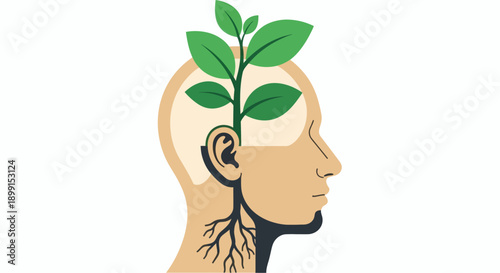 Illustration of a person's head in profile with green leaves sprouting from the top and roots growing from the chin, symbolizing growth and harmony with nature.