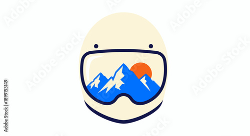 A stylized illustration of a person wearing goggles with a scenic mountain landscape reflected in the lenses, symbolizing adventure and winter sports activities.