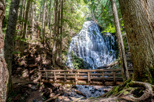 фотографія A beautiful waterfall is surrounded by trees and a wooden bridge