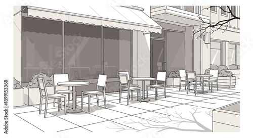 Outdoor cafe seating area with tables and chairs on tiled patio in front of building