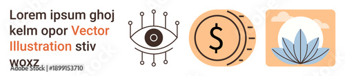 Artificial intelligence, financial systems, growth, mindfulness, balance, innovation. An eye, a coin with a dollar sign and a lotus flower on a varied background. Symbolic of AI and financial