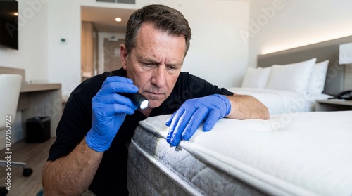 Specialist  in gloves inspecting hotel bed mattress with flashlight for bed bug prevention. Professional worker carefully examines clean modern hotel room details.