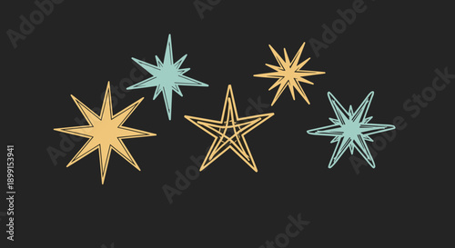 Hand-drawn colorful stars scattered on a dark grey background in a whimsical and festive style for celebratory designs or wrapping papers.