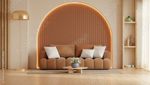 Schilderij op canvas Minimalist living room interior with brown sofa and golden arch wall lighting de