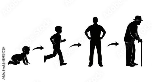 Human life cycle stages from baby to elderly person silhouette.