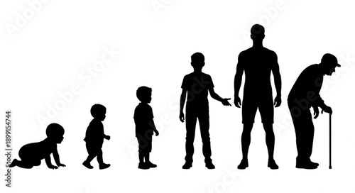 Human life cycle stages from baby to elderly person silhouette.