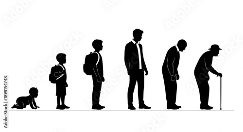 Human life cycle stages from baby to elderly person silhouette.