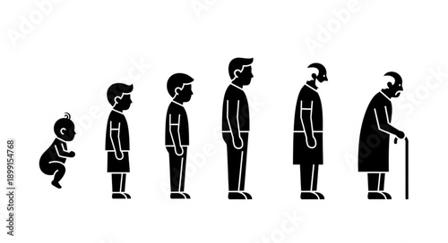 Human life cycle stages from baby to elderly person silhouette.