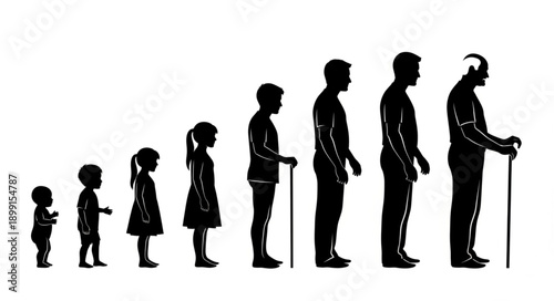 Human life cycle stages from baby to elderly person silhouette.