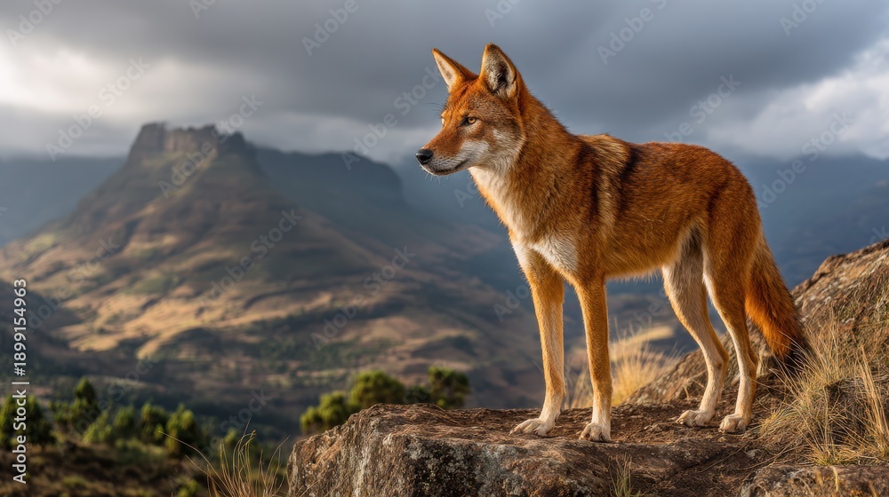 Fototapeta premium Ethiopian Wolf Standing Watch on Rocky Outcrop in Mountainous Landscape