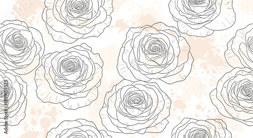 Seamless pattern of large hand drawn rose heads with peach watercolor splashes and ink spatters for romantic textile and wallpaper prints.