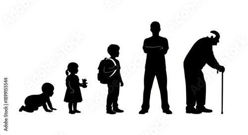 Human life cycle stages from baby to elderly person silhouette.