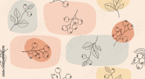 Seamless botanical pattern featuring hand drawn berry branches and soft abstract colored shapes in a modern earthy palette for textile design.
