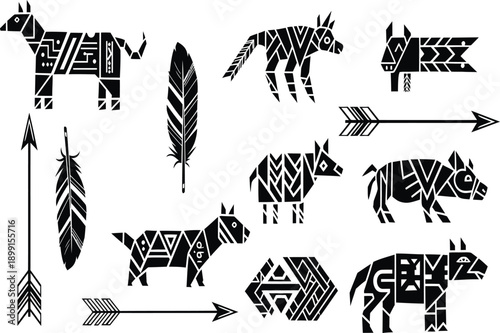 Collection of stylized black and white tribal animal icons with feathers and arrows