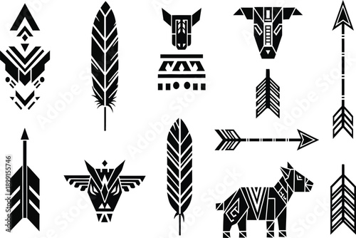 Collection of black and white geometric tribal icons featuring arrows feathers and stylized animal heads