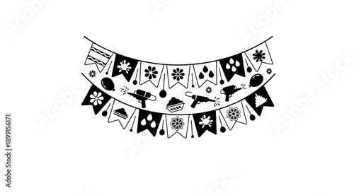 Songkran festival garland with traditional Thai symbols and decorations in black and white.