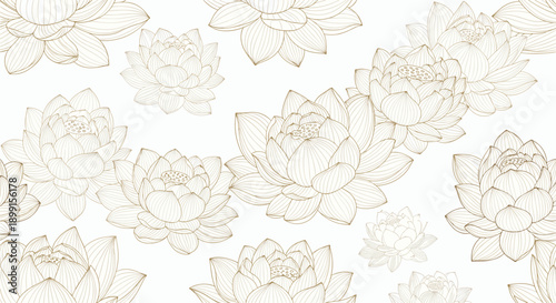 Seamless pattern of elegant hand drawn lotus flowers in gold line art over a light background for spiritual and luxury designs.