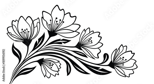 Elegant curving floral branch with five large blossoms and decorative leaves in a bold black line art style for corner designs.