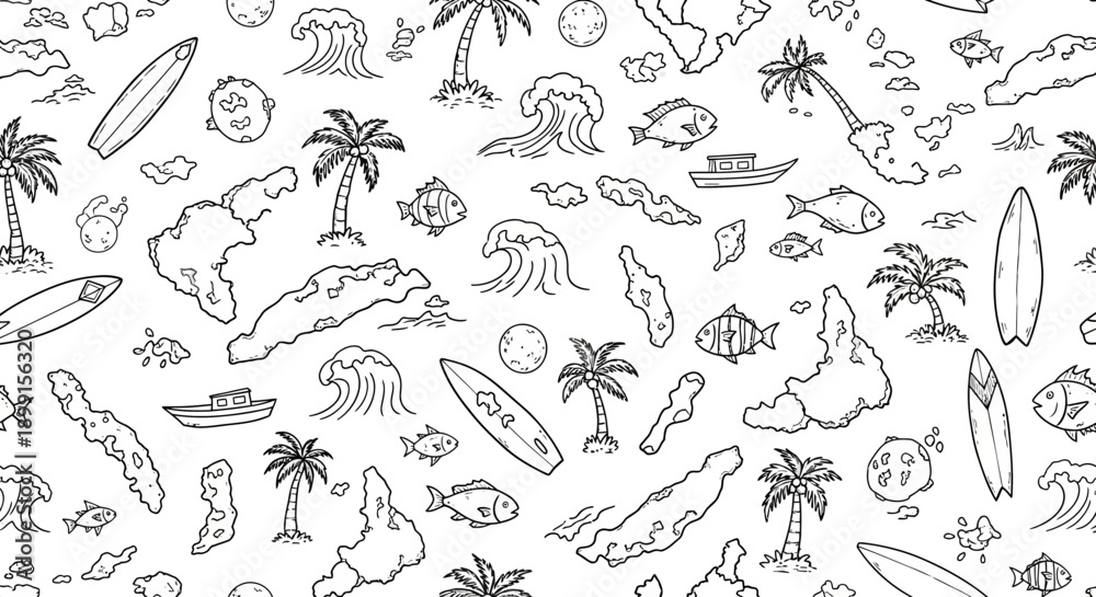 Fototapeta premium Surfing Adventure, Tropical Island, Summer Vibes, Illustration Art, Beach