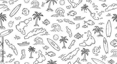 Surfing Adventure, Tropical Island, Summer Vibes, Illustration Art, Beach