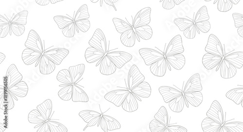 Seamless pattern of delicate white butterfly outlines with detailed wing veins on a light background for subtle nature themed prints.