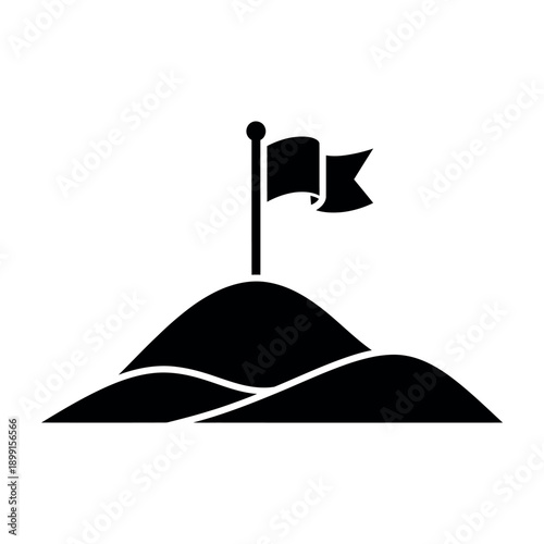 Flag on mountain peak achievement goal success icon.