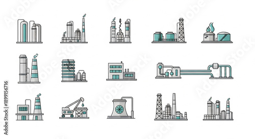 Collection of Industrial Factory Buildings and Machinery Icons.