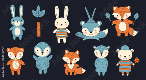 Charming collection of cute cartoon forest animals including bunnies, foxes, and bears in a palette of blue and orange on dark background.