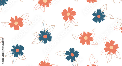 Charming seamless pattern featuring simple hand-painted flowers in blue and orange paired with white line art leaf outlines on white.
