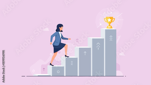 A business woman climbing a staircase towards a golden trophy, symbolizing career growth, success, and achievement in a corporate environment.