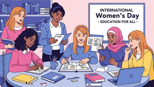 A diverse group of women studying and collaborating around a table, celebrating International Women's Day and education for all.