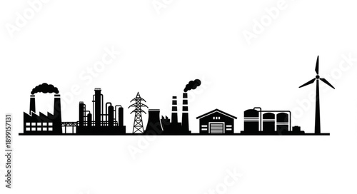 Industrial factory skyline with wind turbine silhouette.
