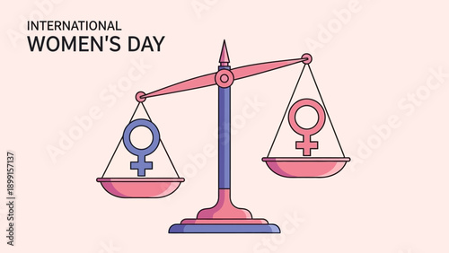 An illustration depicting a balance scale with male and female gender symbols, highlighting gender inequality on International Women's Day.