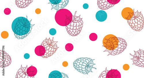 Vibrant seamless pattern showcasing hand-drawn raspberry sketches in teal and pink line art over bright colorful polka dots on white.