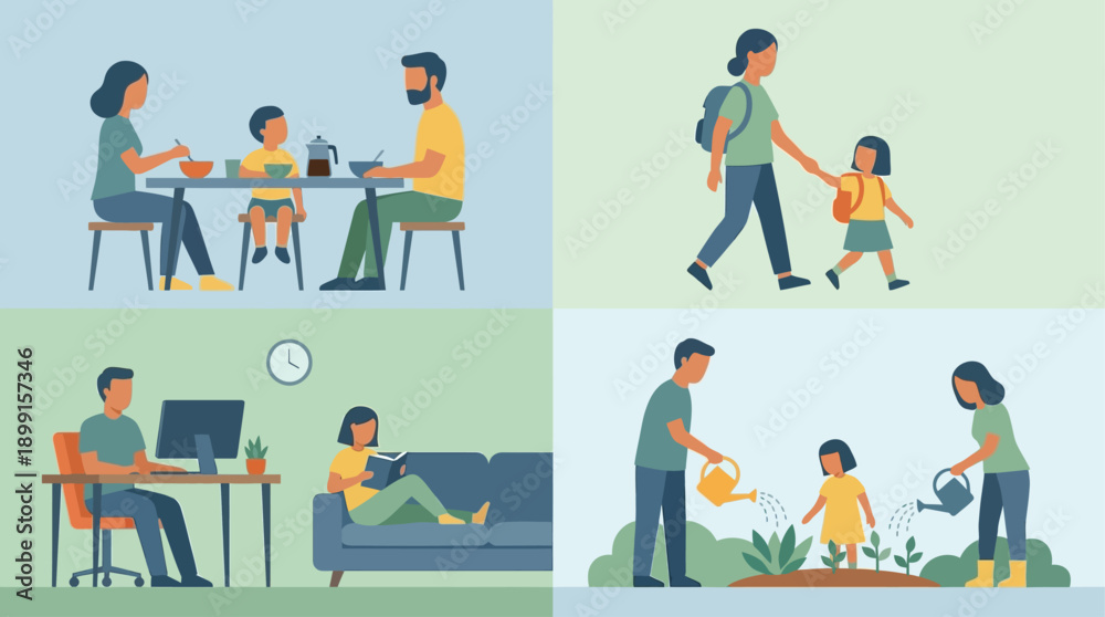 Fototapeta premium Flat vector illustration of a contemporary family's daily life, featuring shared meals, school walks, remote work, and gardening activities at home