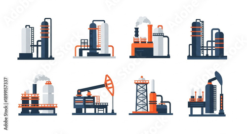 Industrial oil refinery and pumpjack illustrations set.