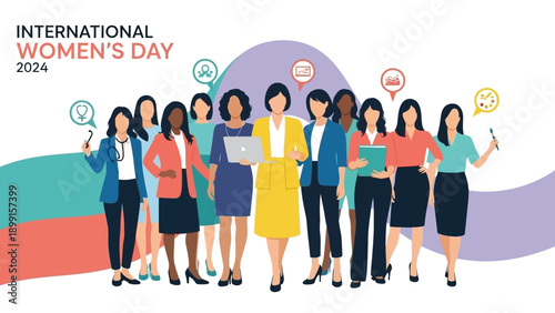 A diverse group of professional women celebrating International Women's Day 2024, standing together with various icons representing their ideas and contributions.