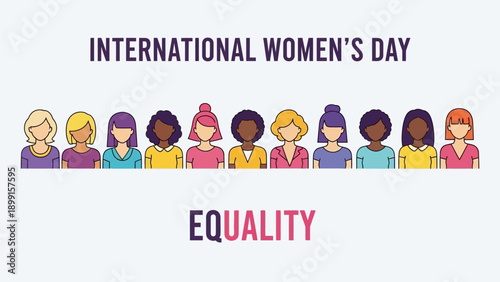 A vibrant illustration celebrating International Women's Day, featuring a diverse group of women's avatars representing global unity and the pursuit of equality.