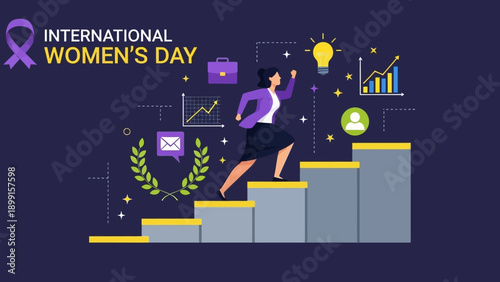 A determined businesswoman climbs a staircase towards success, celebrating International Women's Day with various business and achievement icons.