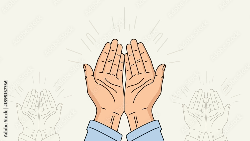 Obraz premium Illustration of two hands open in a gesture of prayer or supplication with radiating light.
