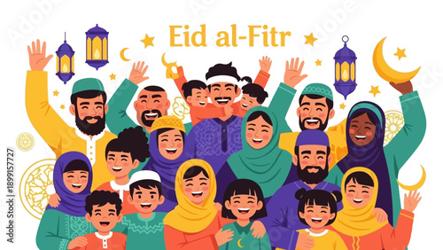 A large, diverse group of happy Muslim families and children celebrating Eid al-Fitr with festive decorations and greetings.